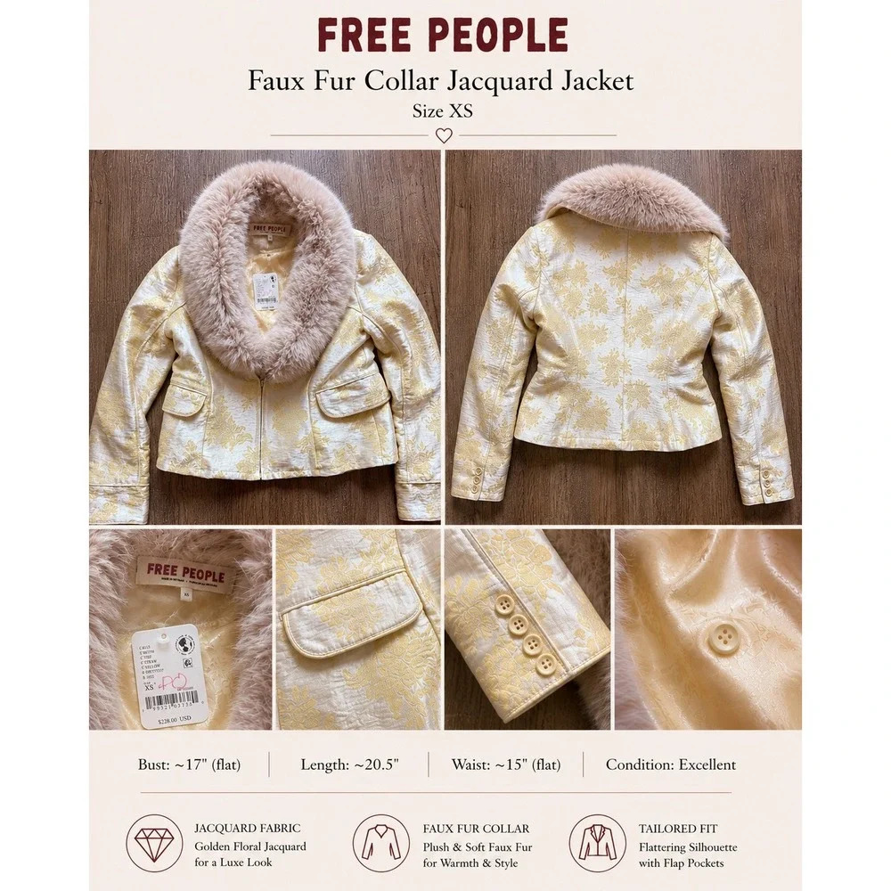 Free People Faux Fur Collar Jacquard Jacket Straw Yellow Floral ‎ XS